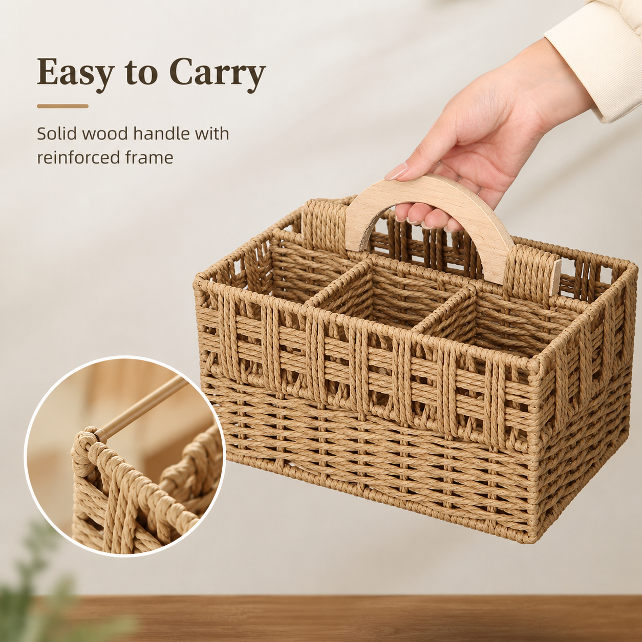 Woven Divided Storage Basket with Handle | 6 Compartments