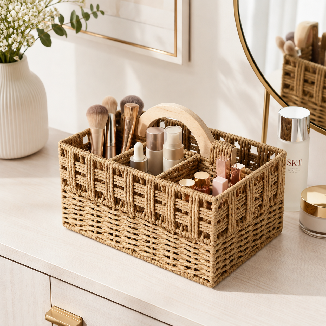 Woven Divided Storage Basket with Handle | 6 Compartments