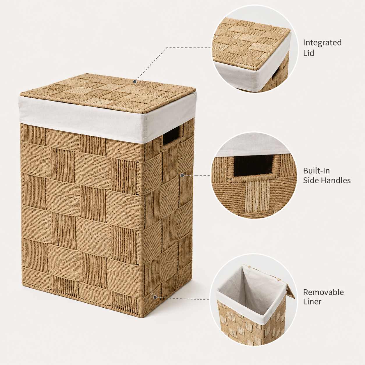 Handwoven Paper Rope Laundry Hamper with Lid & Removable Liner – 2 Sizes