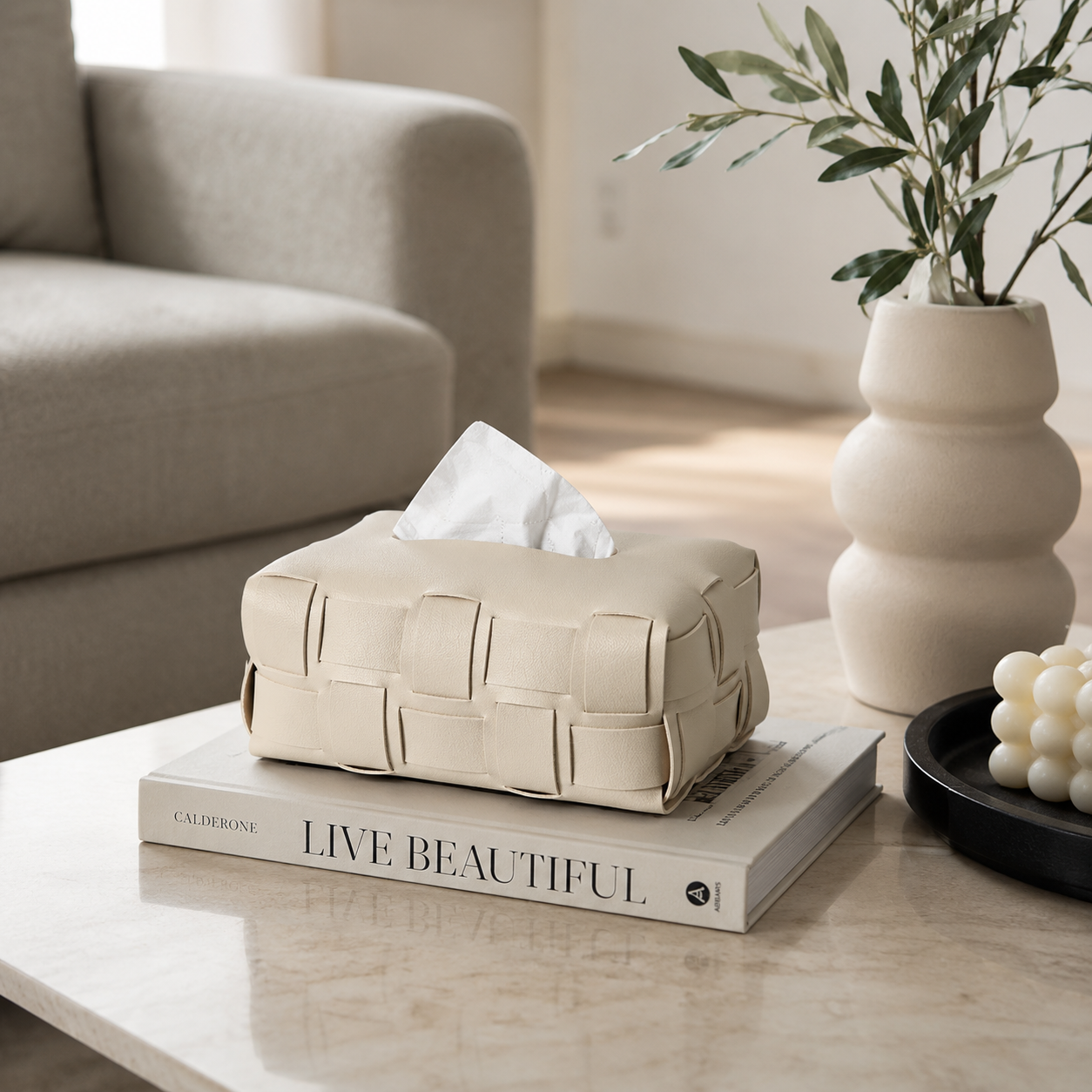 Woven Faux Leather Tissue Box Cover | Modern Tissue Holder