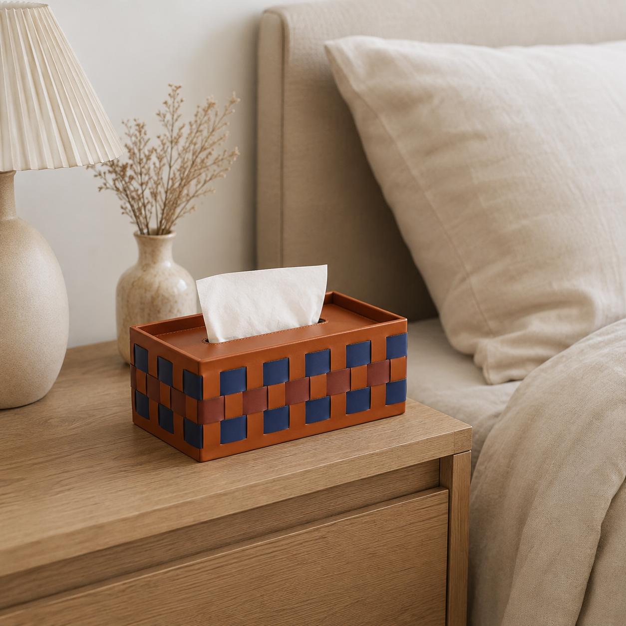 Woven Faux Leather Tissue Box Cover – Modern Decorative Tissue Holder