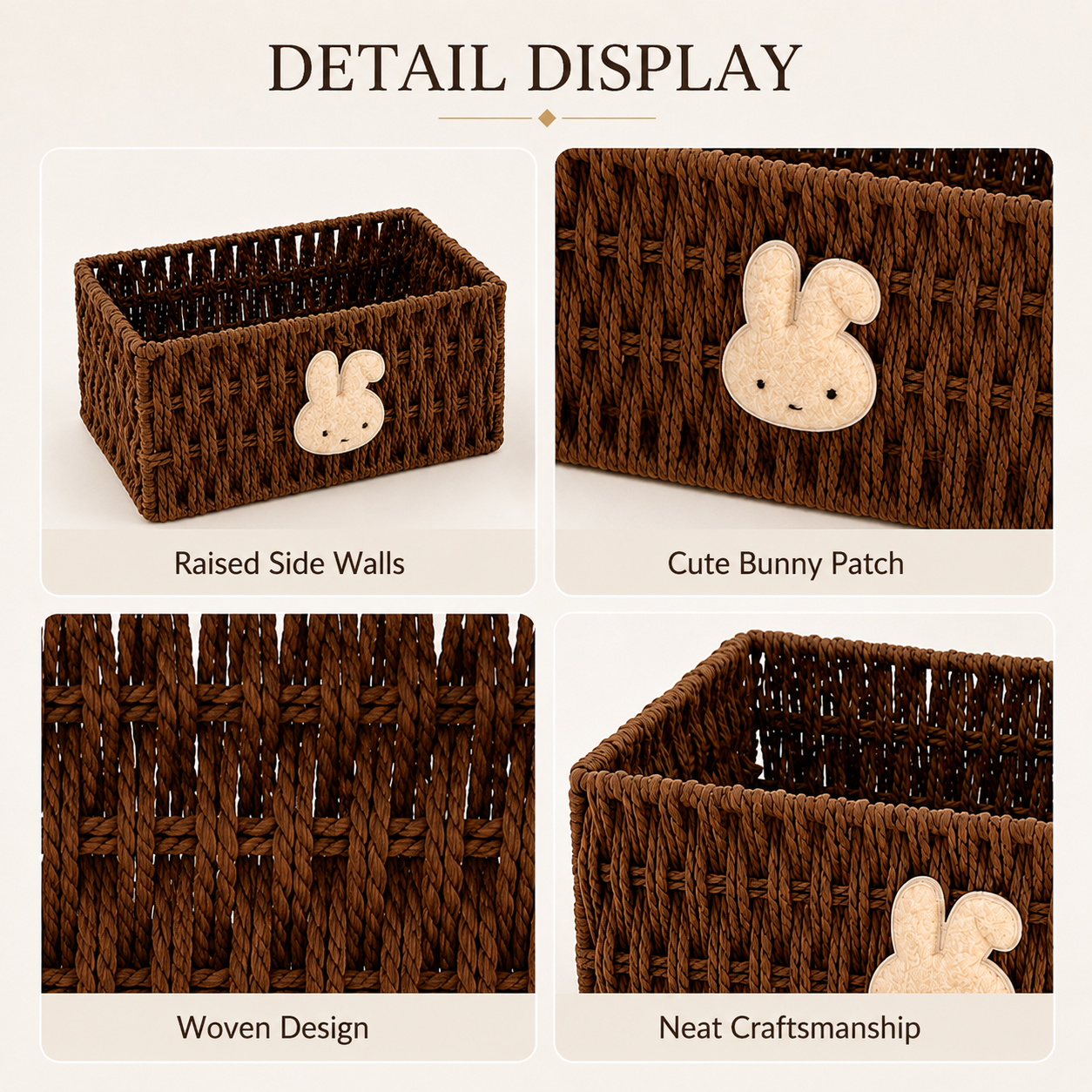 Woven Rattan Storage Basket with Bunny – Decorative Desktop Organizer