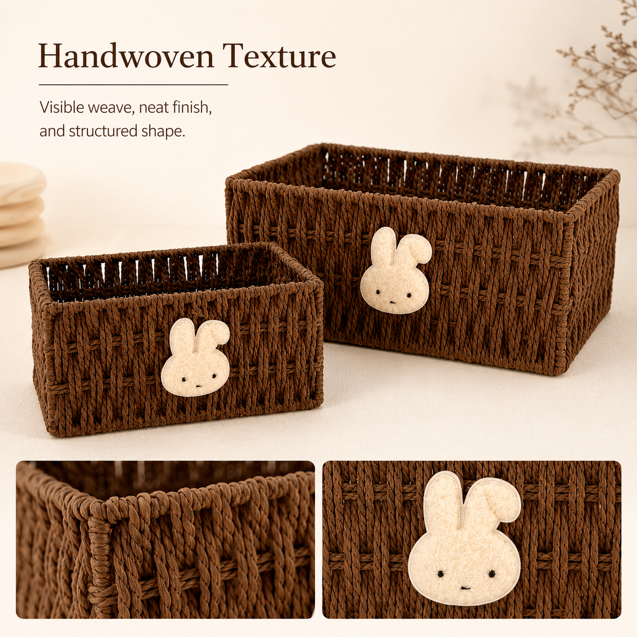 Woven Rattan Storage Basket with Bunny – Decorative Desktop Organizer