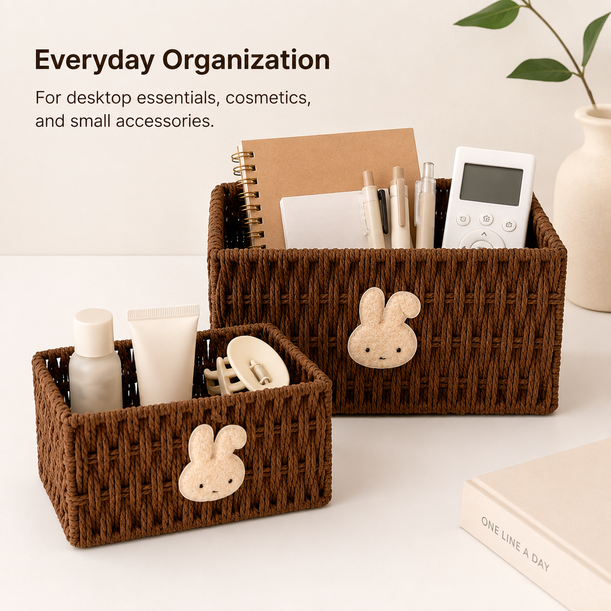 Woven Rattan Storage Basket with Bunny – Decorative Desktop Organizer