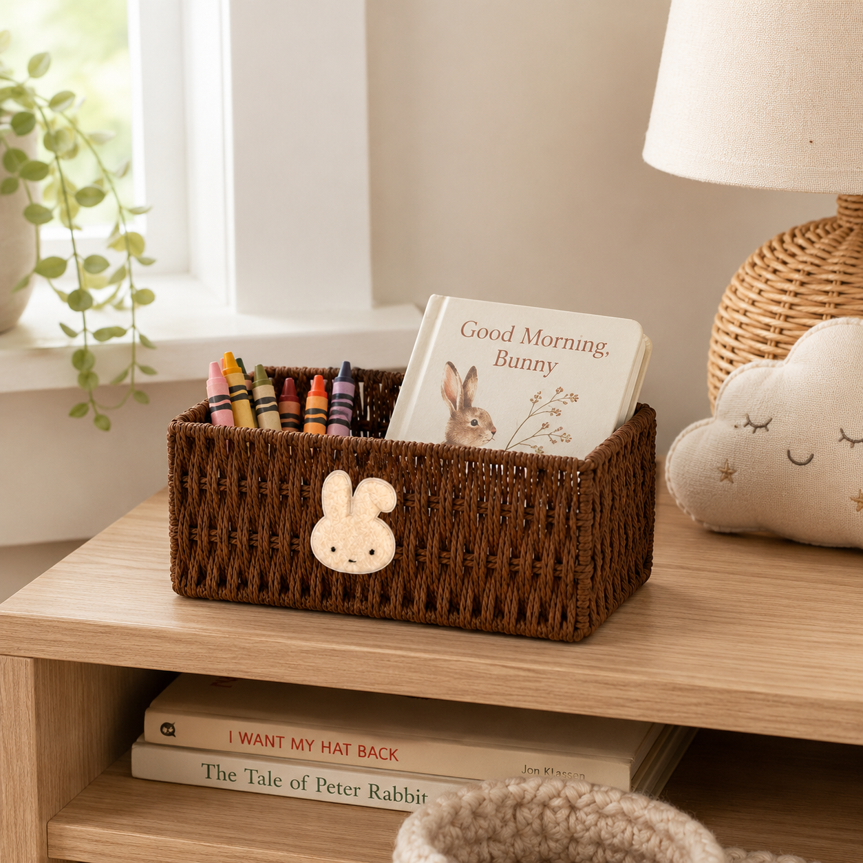 Woven Rattan Storage Basket with Bunny – Decorative Desktop Organizer
