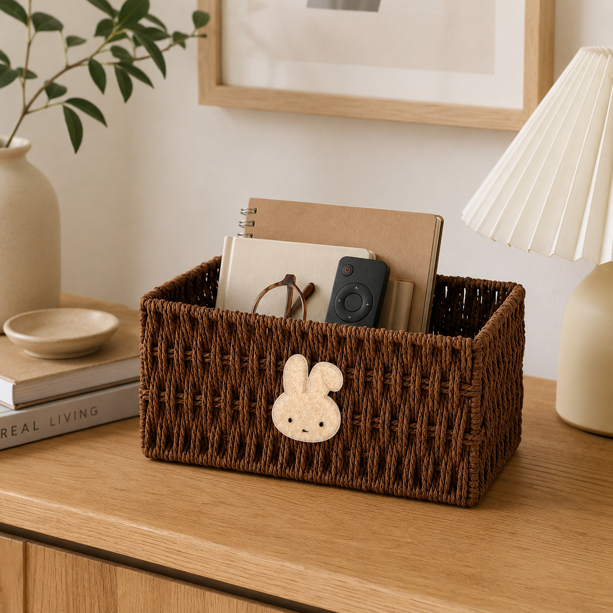 Woven Rattan Storage Basket with Bunny – Decorative Desktop Organizer