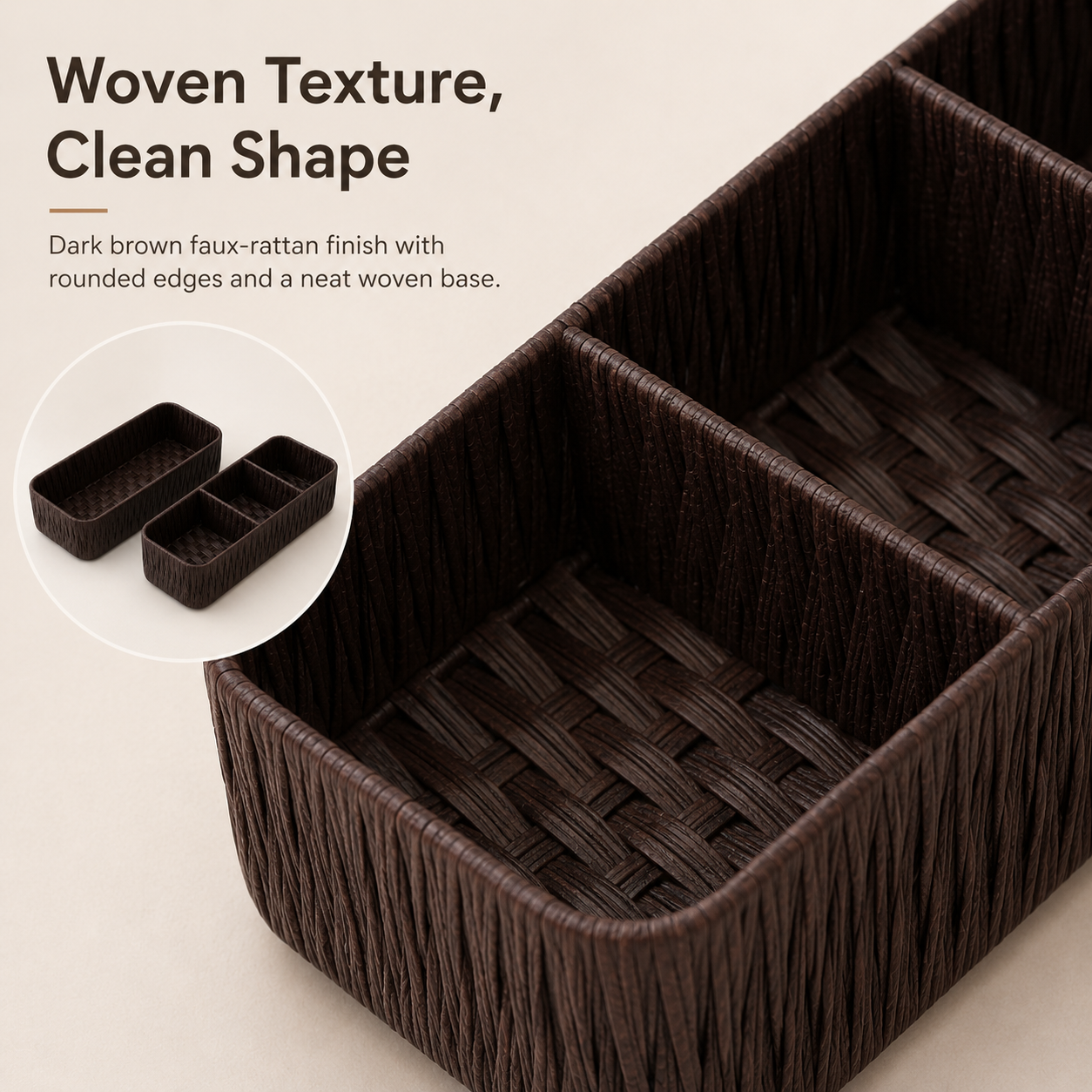 Faux Rattan Desktop Storage Basket – Woven Organizer with Divided & Open Styles