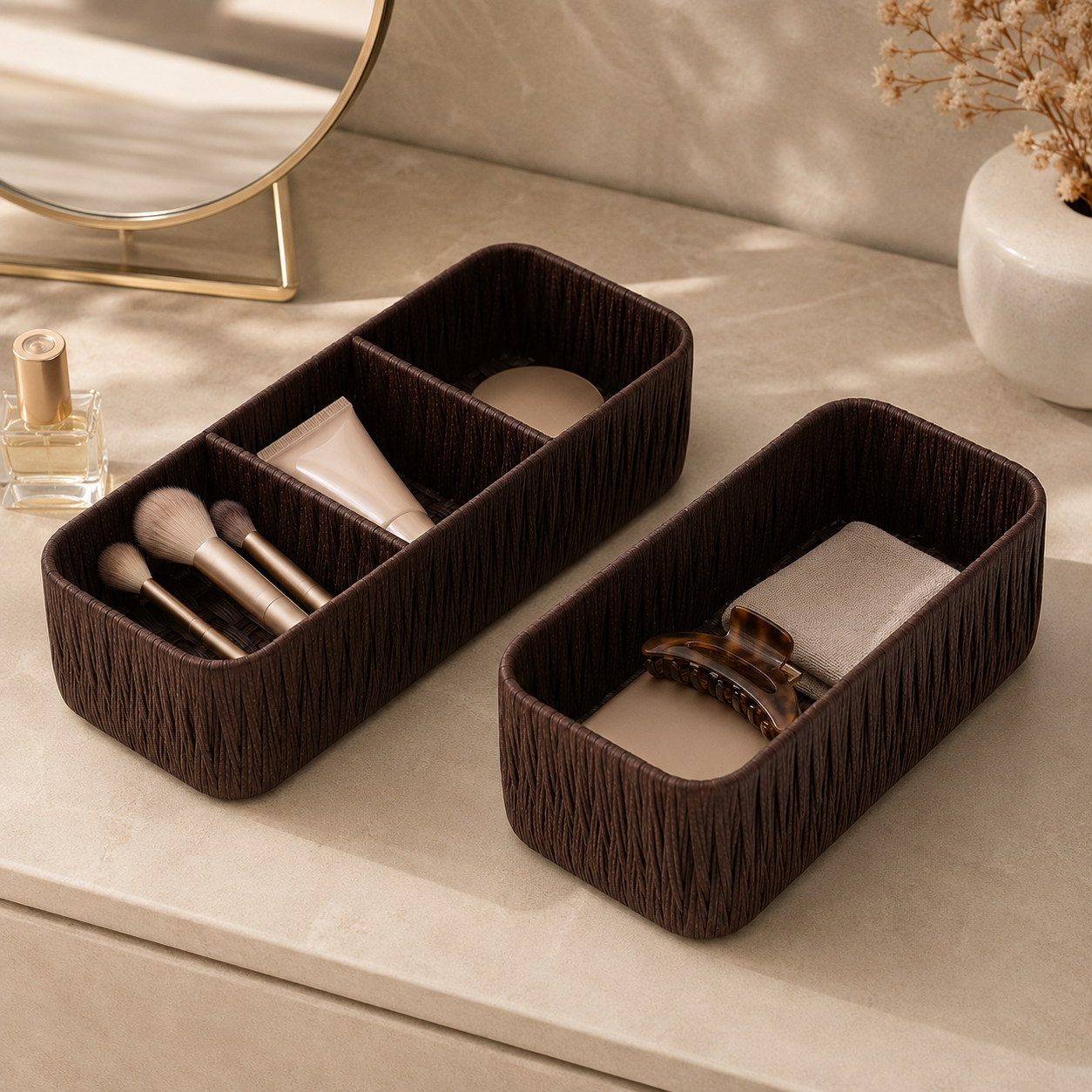 Faux Rattan Desktop Storage Basket – Woven Organizer with Divided & Open Styles