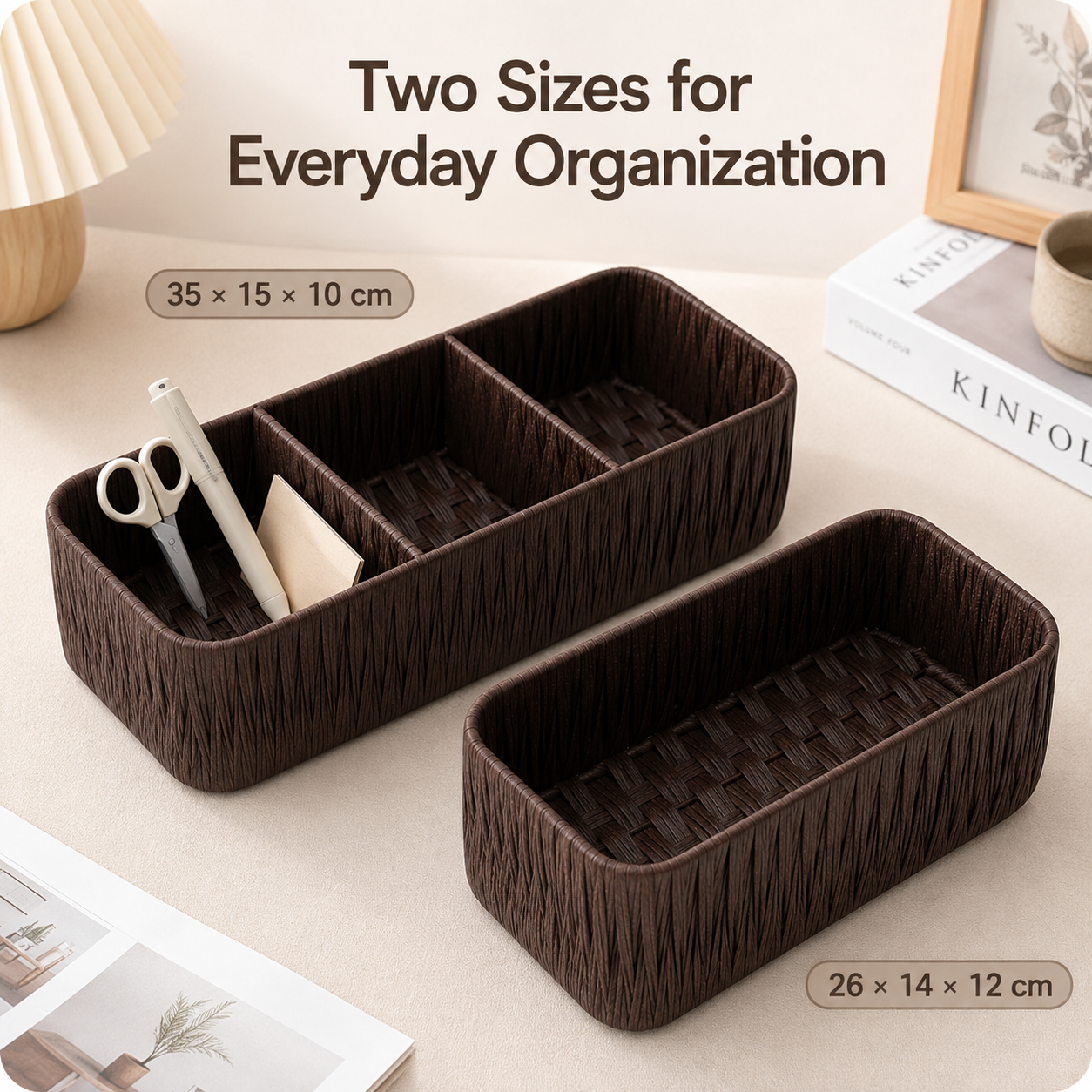 Faux Rattan Desktop Storage Basket – Woven Organizer with Divided & Open Styles