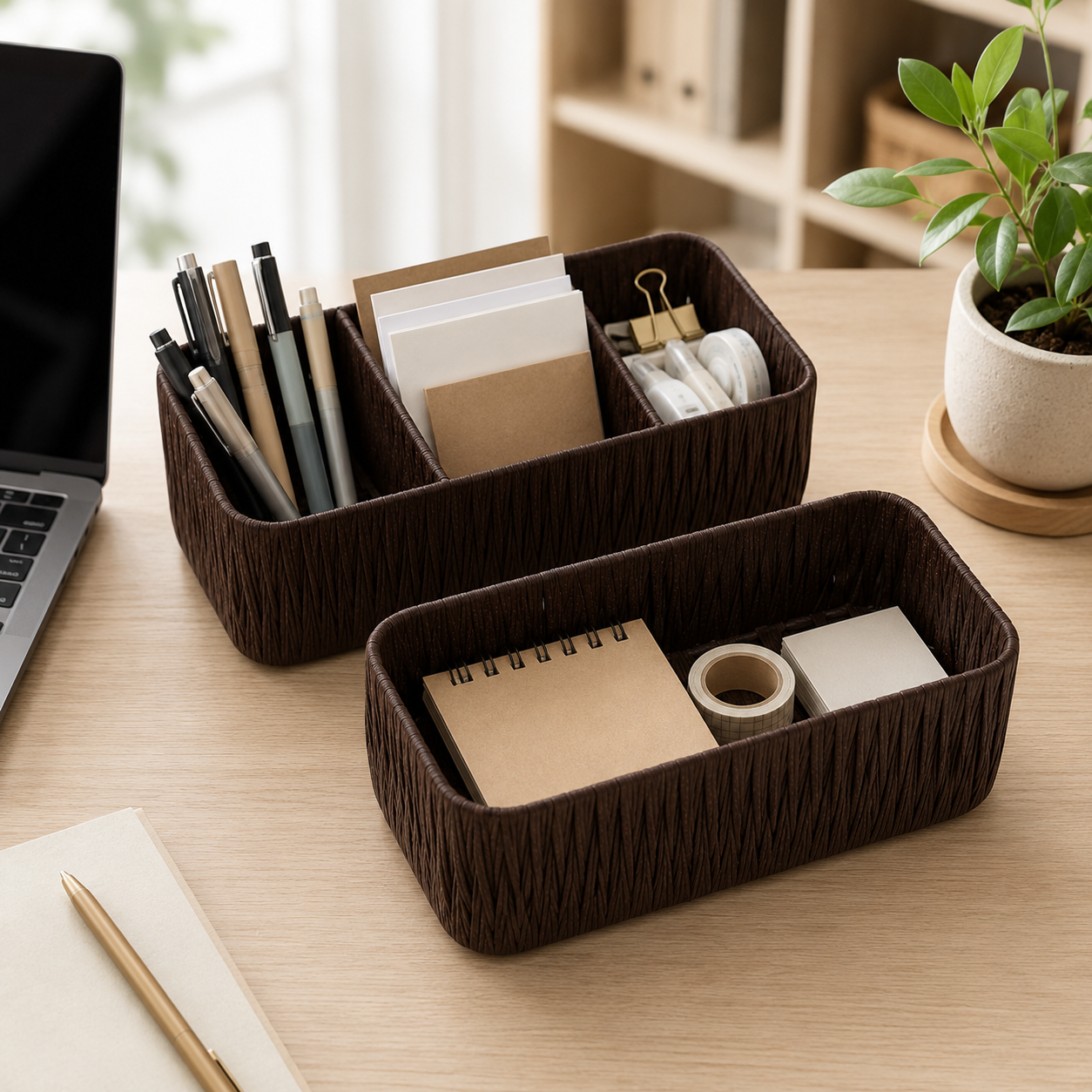 Faux Rattan Desktop Storage Basket – Woven Organizer with Divided & Open Styles