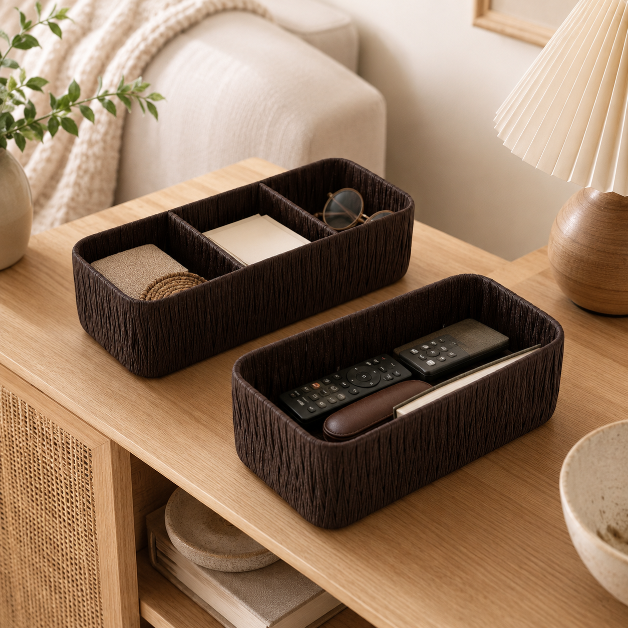 Faux Rattan Desktop Storage Basket – Woven Organizer with Divided & Open Styles