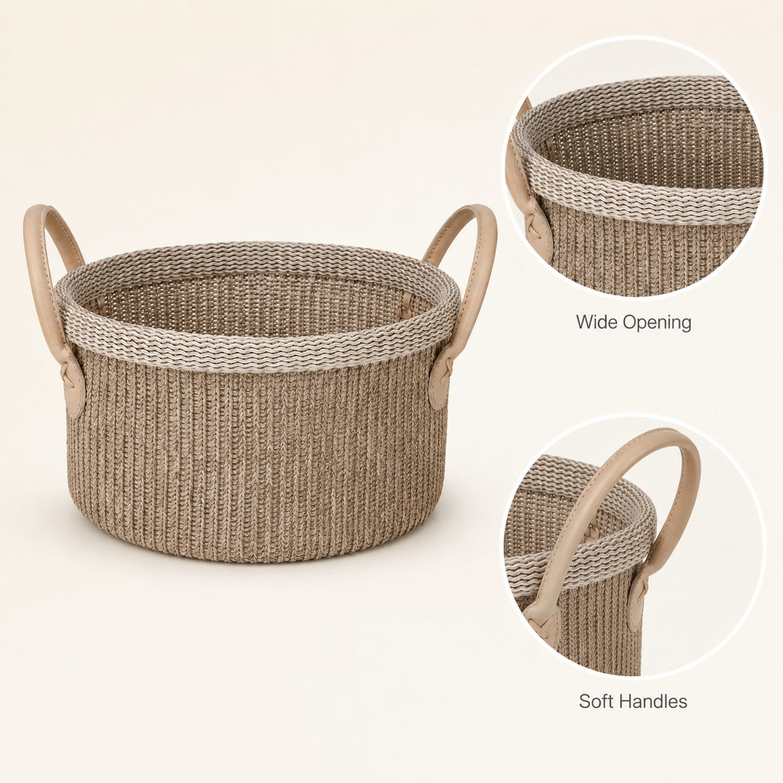 Crochet Cotton Storage Basket with Leather Handles | 27cm