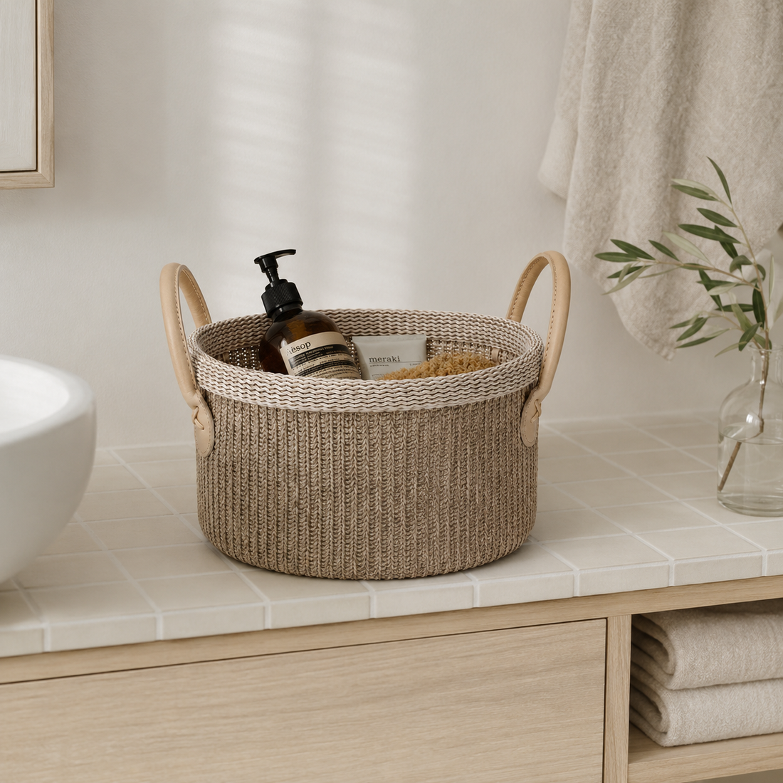 Crochet Cotton Storage Basket with Leather Handles | 27cm