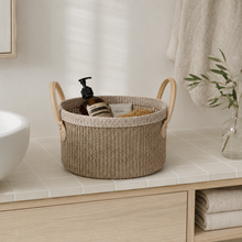Crochet Cotton Storage Basket with Leather Handles | 27cm