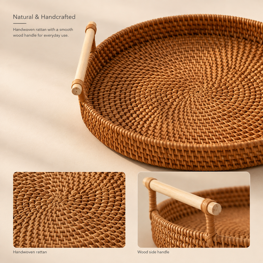 Handwoven Rattan Serving Tray with Wooden Handles | 2 Sizes
