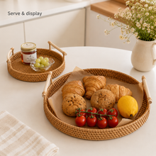 Handwoven Rattan Serving Tray with Wooden Handles | 2 Sizes