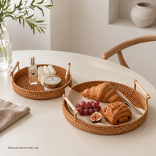 Handwoven Rattan Serving Tray with Wooden Handles | 2 Sizes