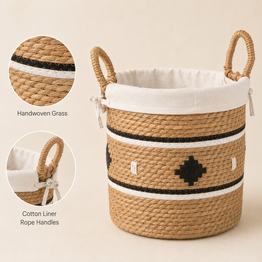 Woven Grass Laundry Basket with Liner | 2 Sizes