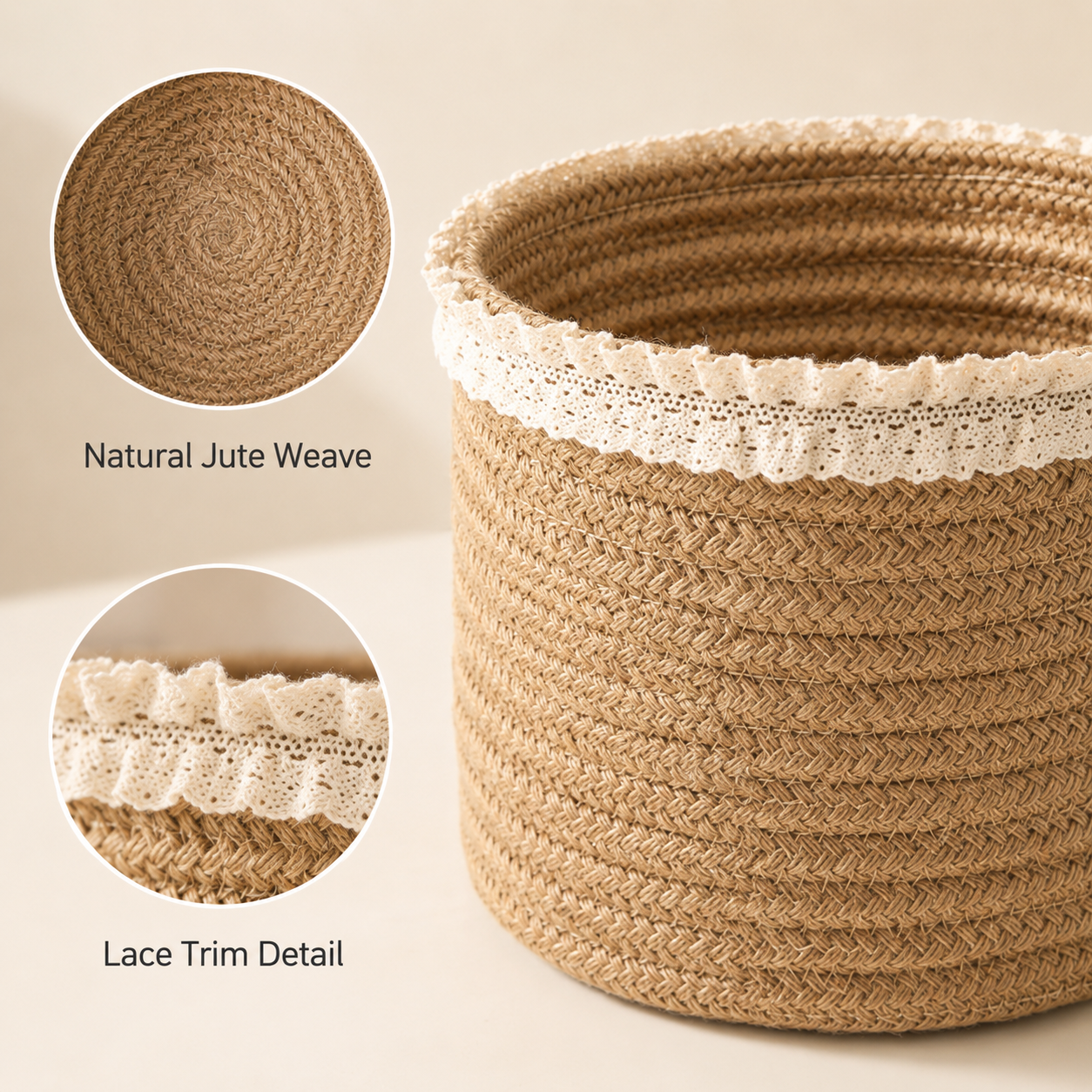 Jute Storage Basket with Lace Trim | 2 Sizes