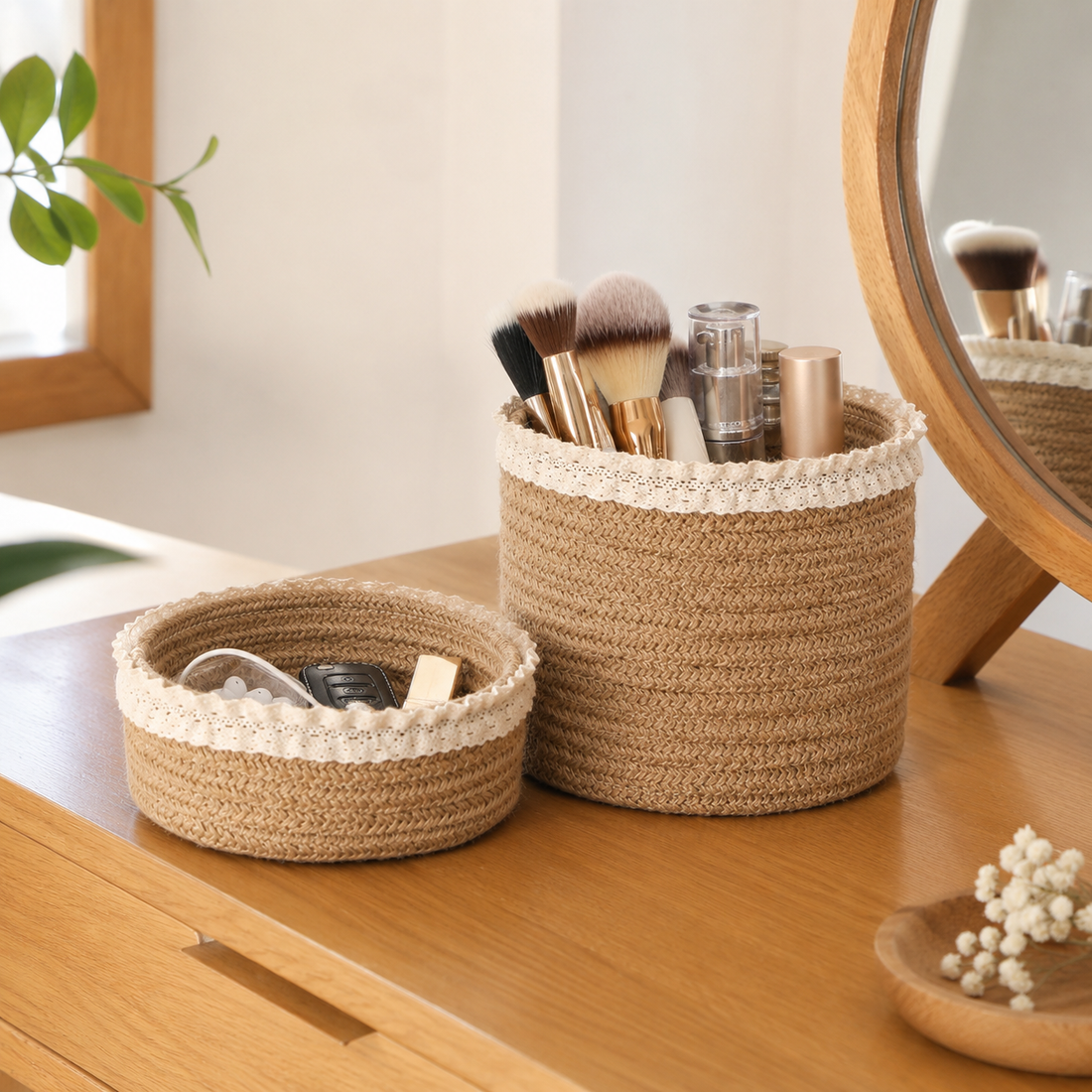 Jute Storage Basket with Lace Trim | 2 Sizes