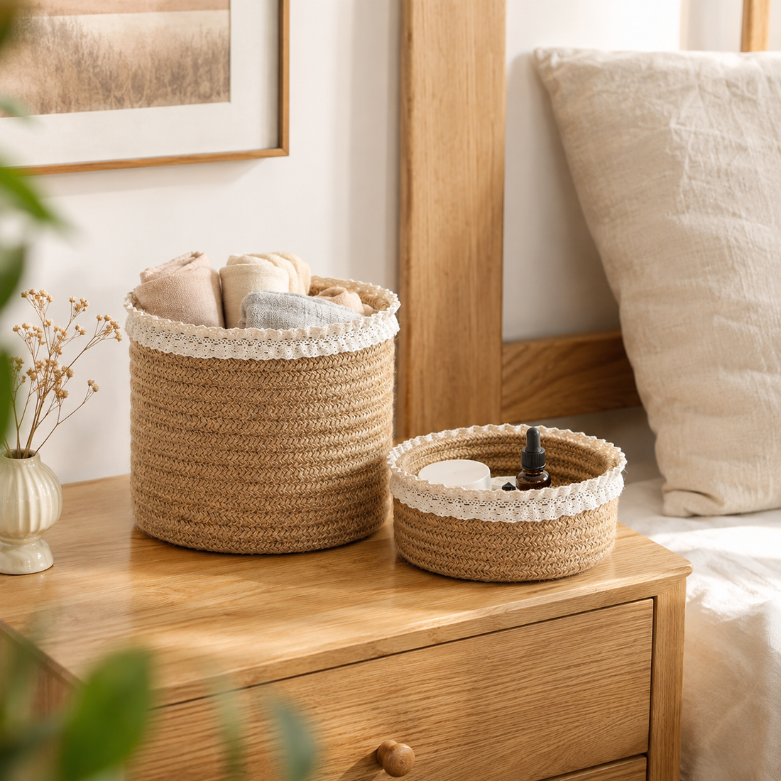 Jute Storage Basket with Lace Trim | 2 Sizes