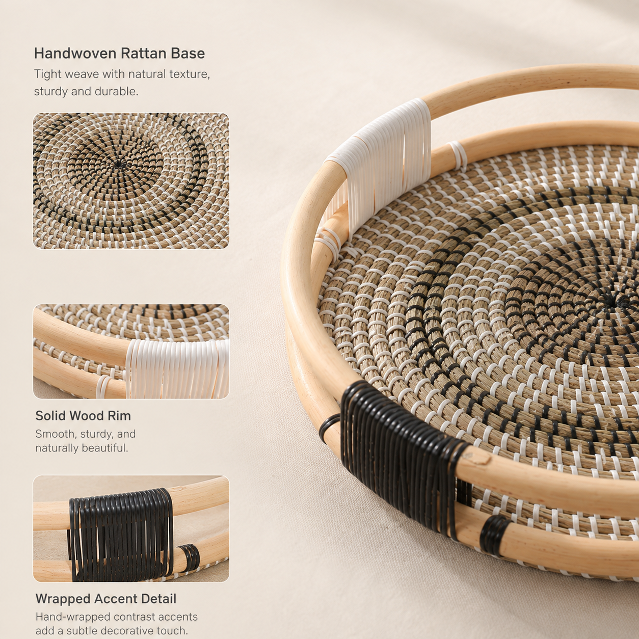 Round Rattan Serving Tray, 38cm Woven Decorative Tray
