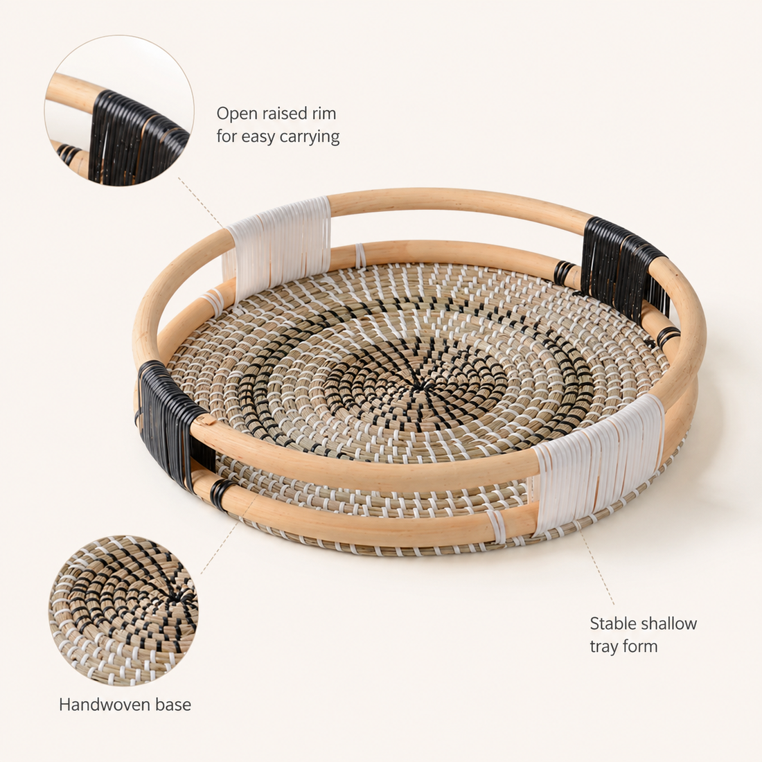 Round Rattan Serving Tray, 38cm Woven Decorative Tray