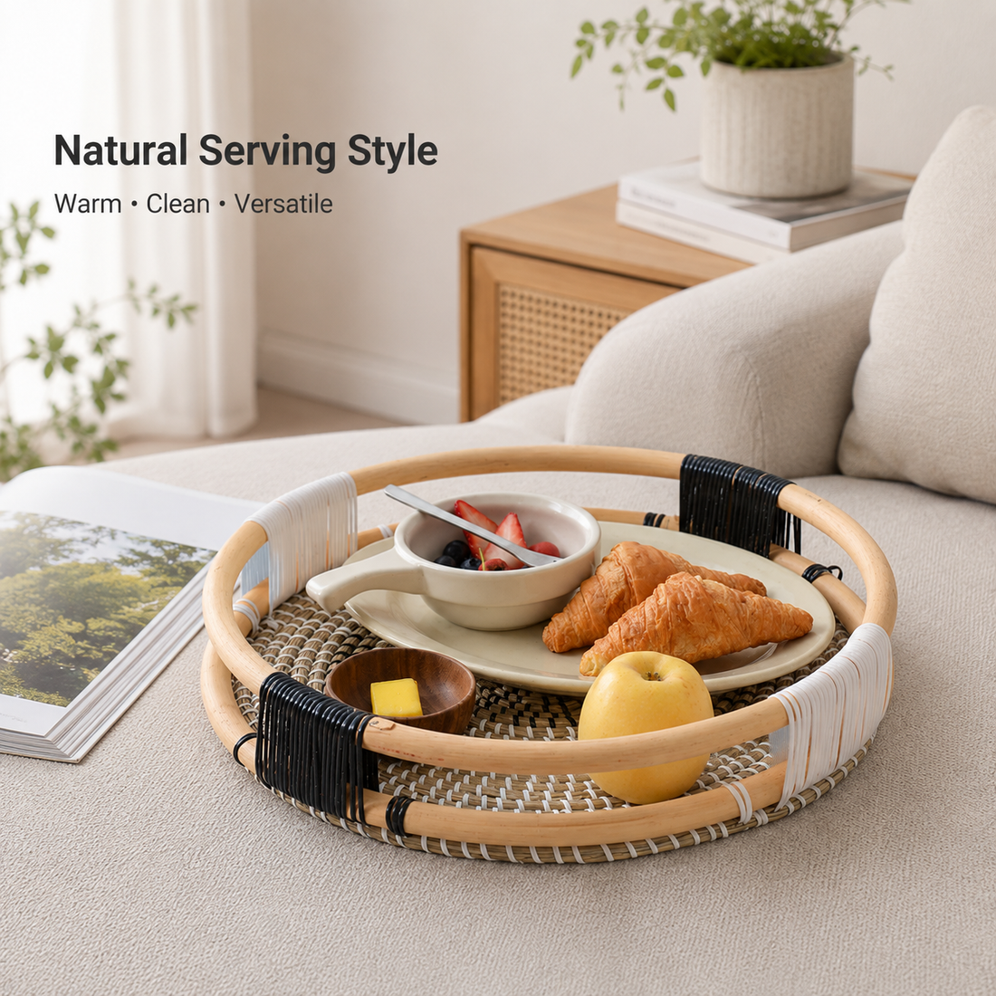 Round Rattan Serving Tray, 38cm Woven Decorative Tray