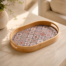 Oval Bamboo Serving Tray with Bohemian Pattern woven detail view