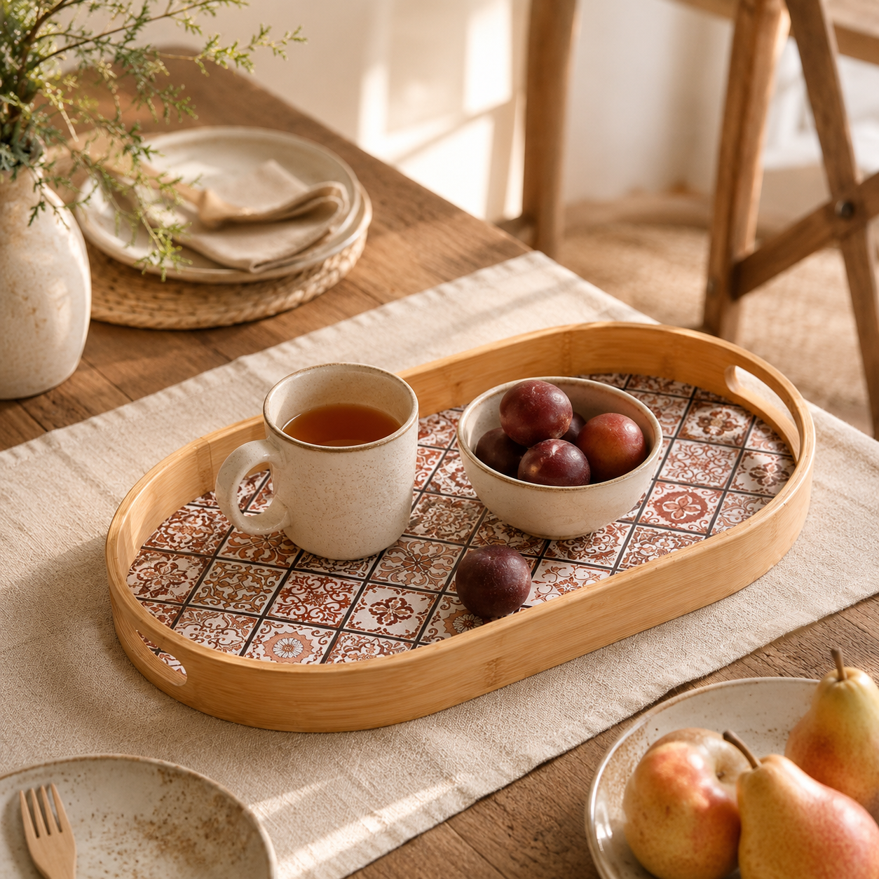 Oval Bamboo Serving Tray with Bohemian Pattern styled in a natural home setting