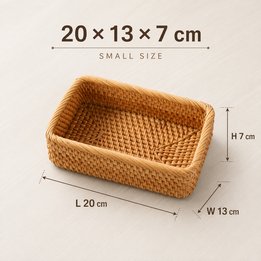 Small rattan storage basket size diagram measuring 20 by 13 by 7 cm