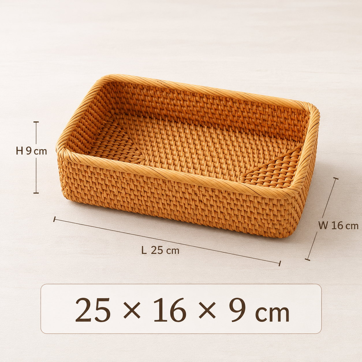 Medium rattan storage basket size diagram measuring 25 by 16 by 9 cm