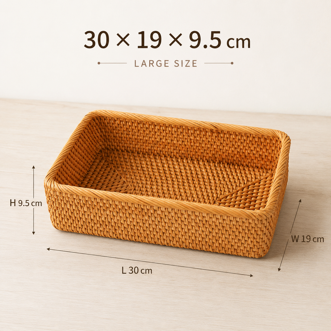 Large rattan storage basket size diagram measuring 30 by 19 by 9.5 cm