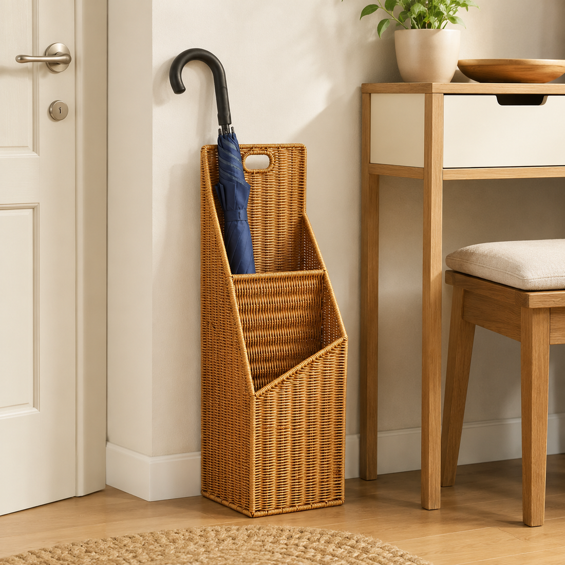 Woven Umbrella Stand for Entryway Storage styled in a natural home setting