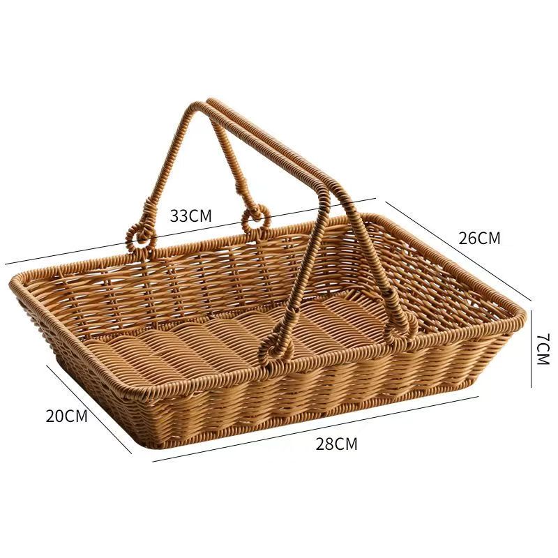 Small woven picnic basket size diagram with a 33 by 26 cm top and 7 cm height