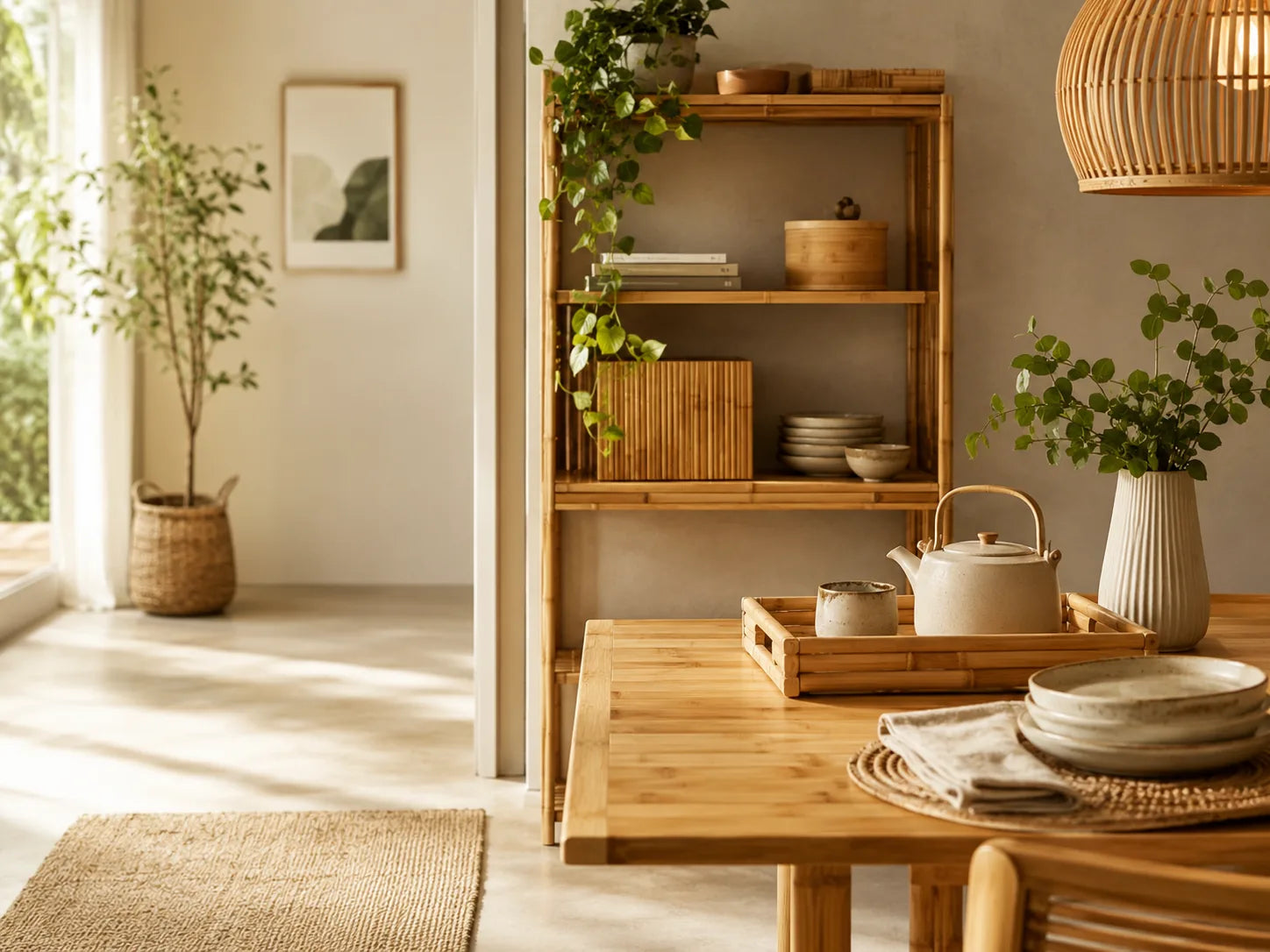 Bamboo woven home decor in a warm natural interior
