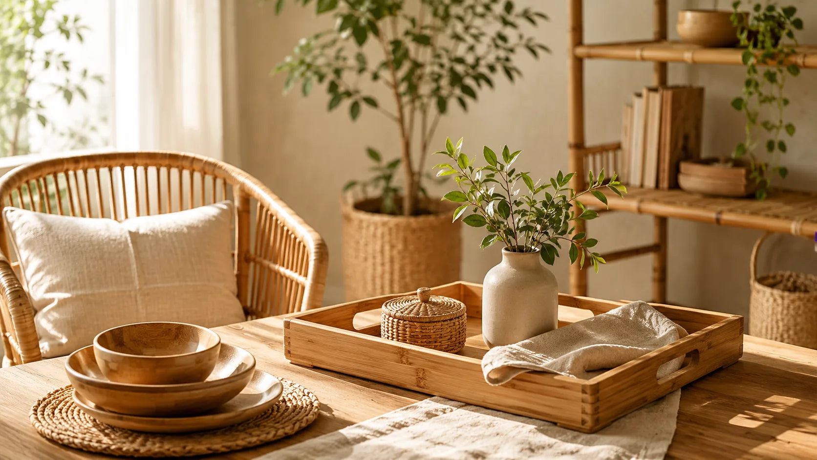 Bamboo and rattan home decor styled in a warm natural interior