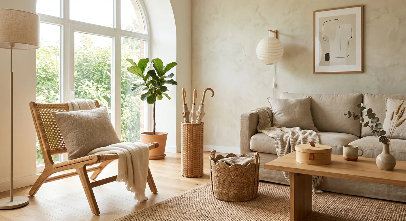 Natural woven home storage styled in a warm LivoNest living space