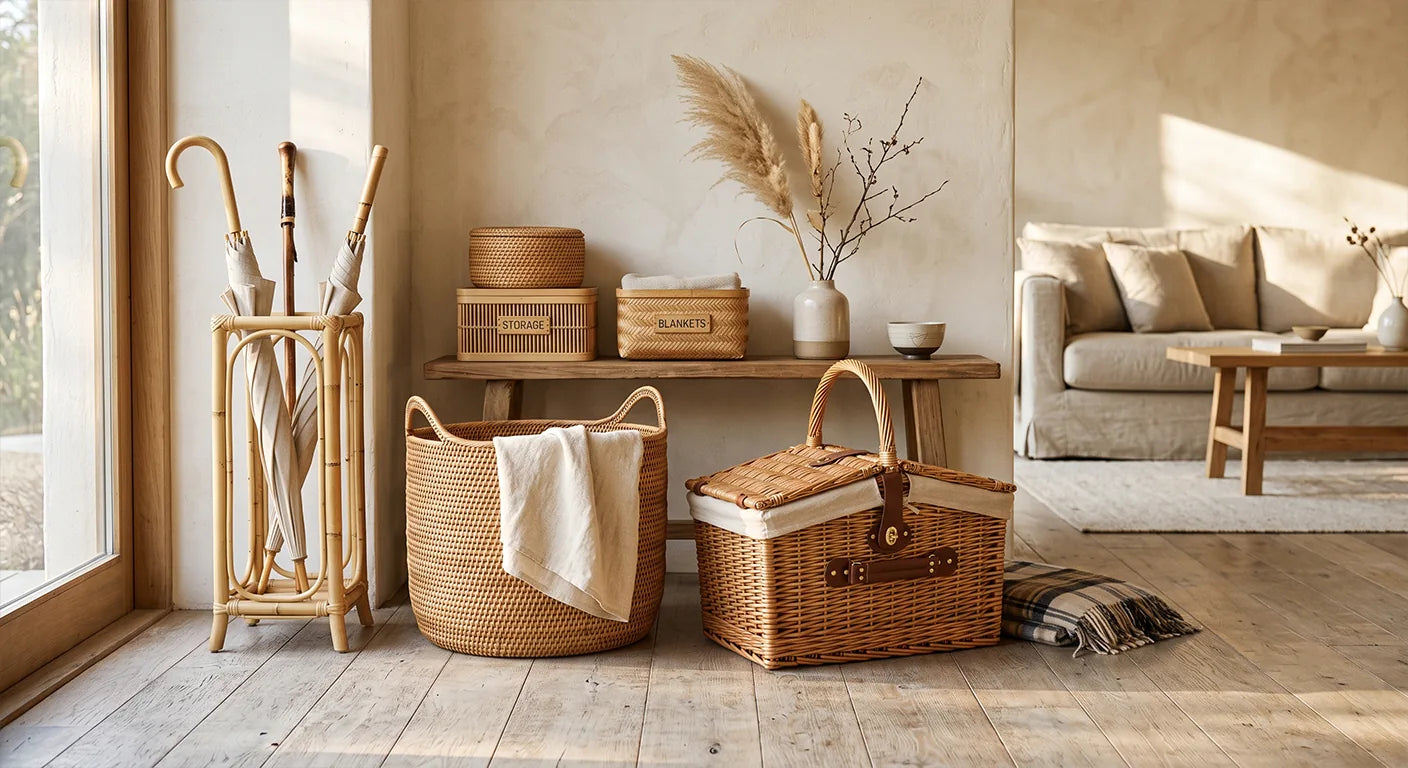 Bamboo and woven home essentials arranged for calm kitchen storage