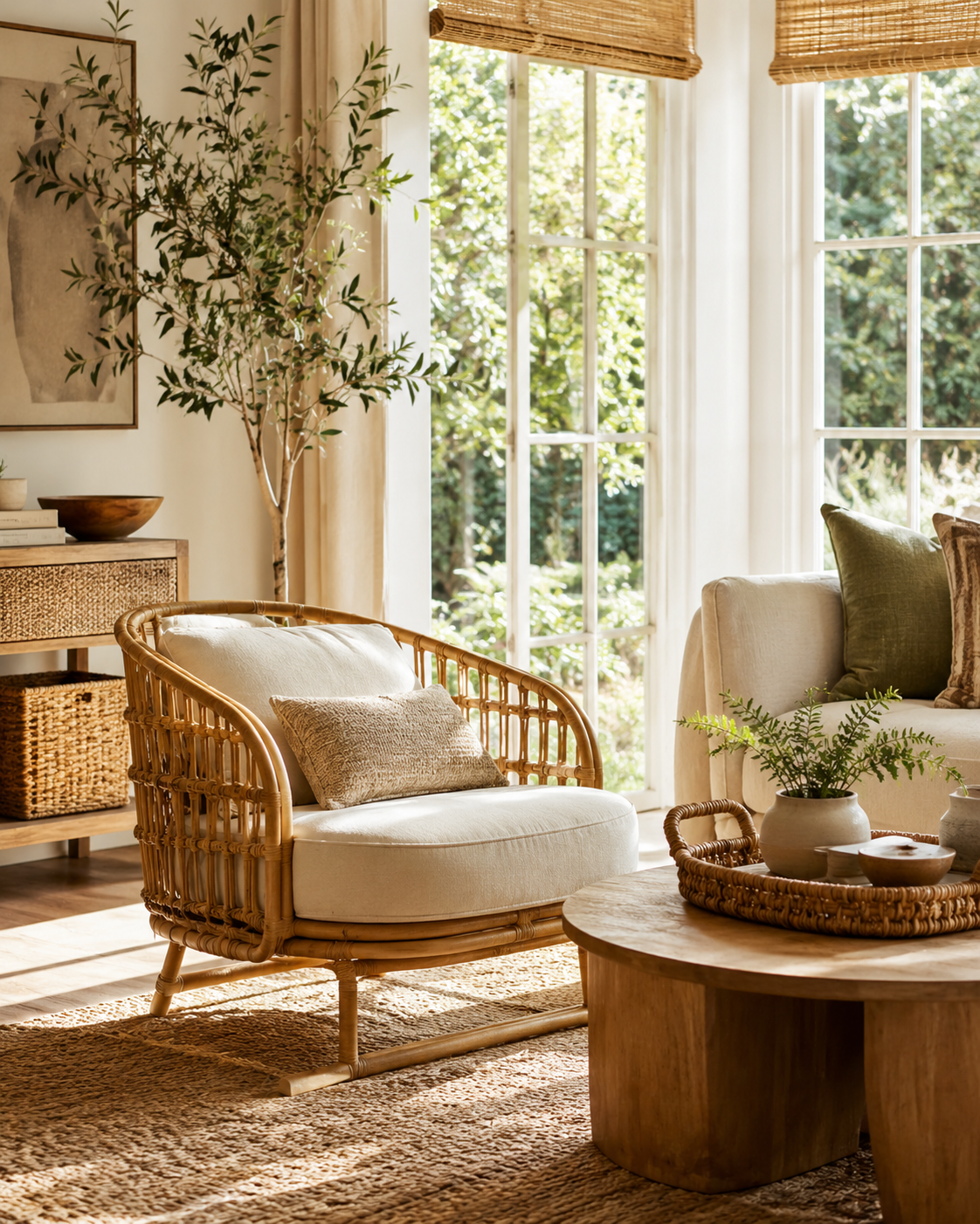 Natural living room with rattan chair and warm sunlight