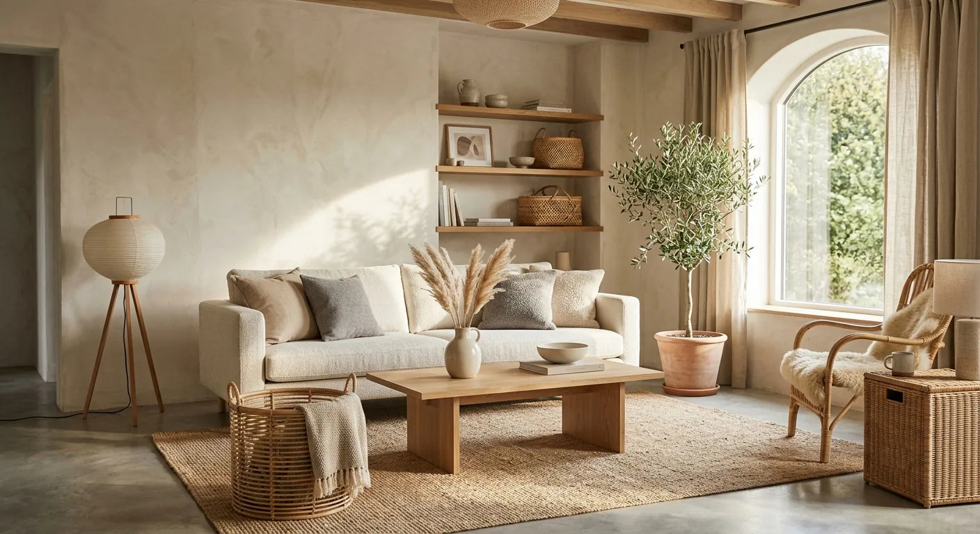 Warm organized home with natural materials