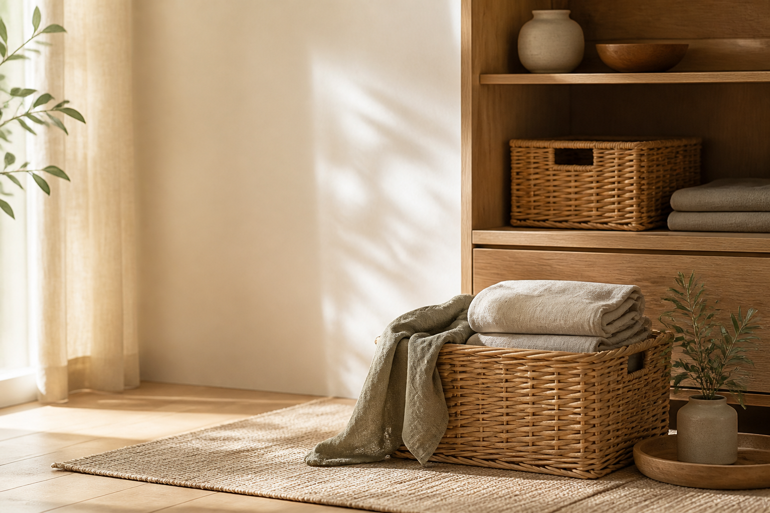Warm natural home with woven storage and wood furniture