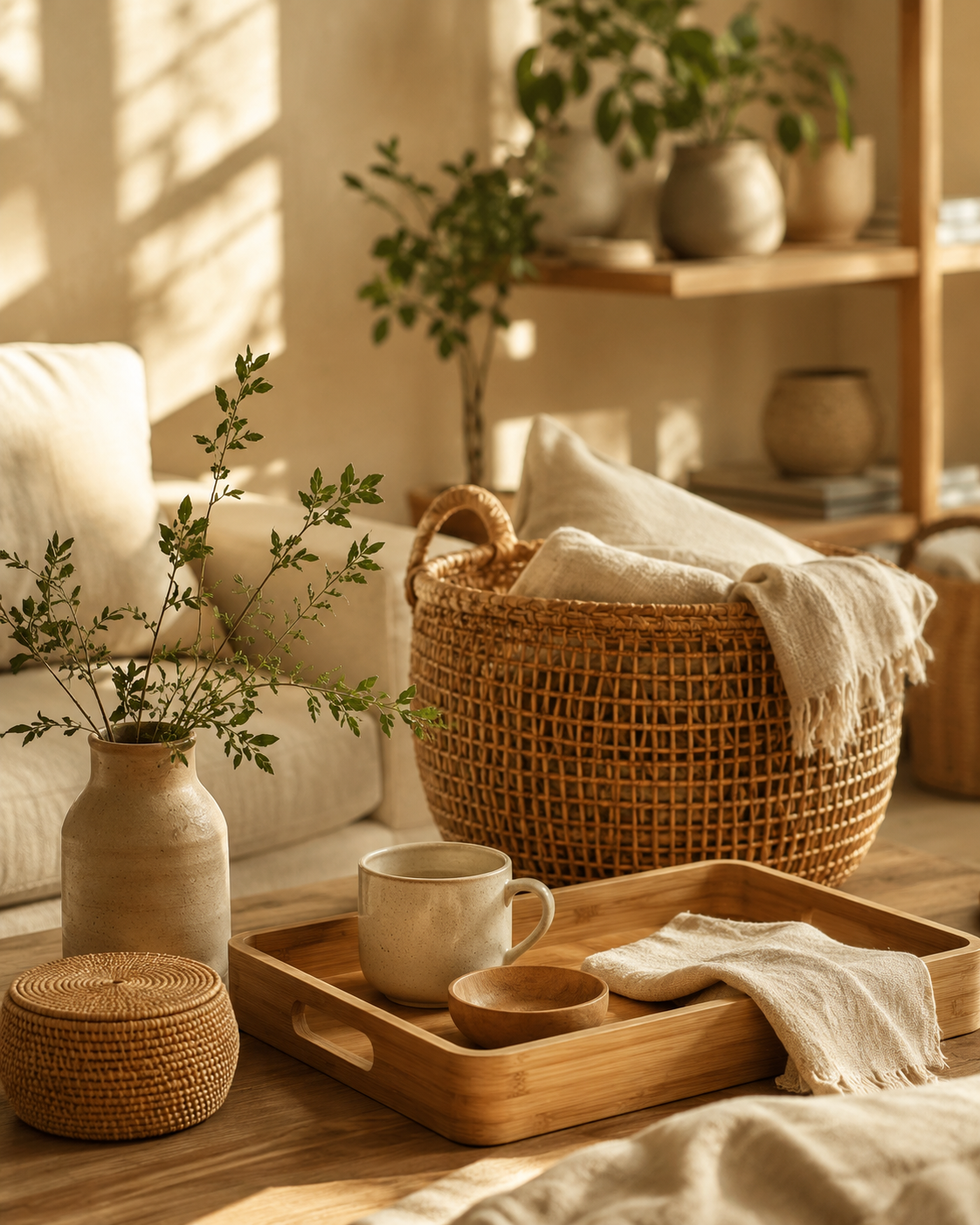 Warm natural LivoNest home interior with woven baskets and natural textures