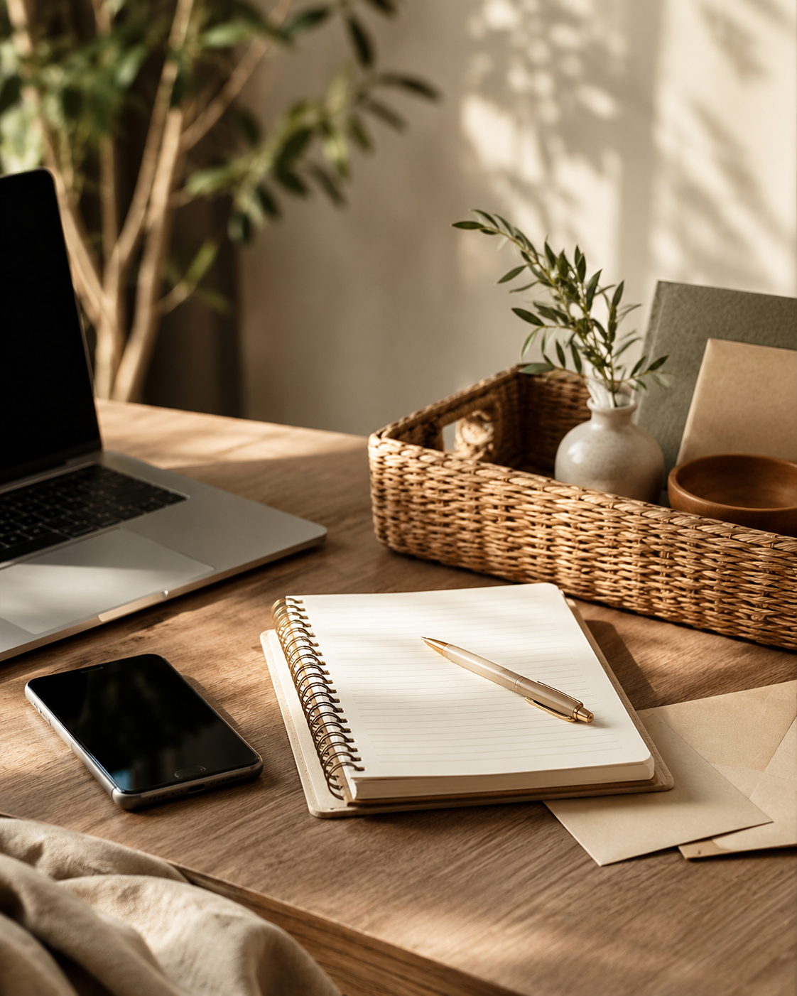 Warm home workspace with notebook, phone, laptop and woven organizer