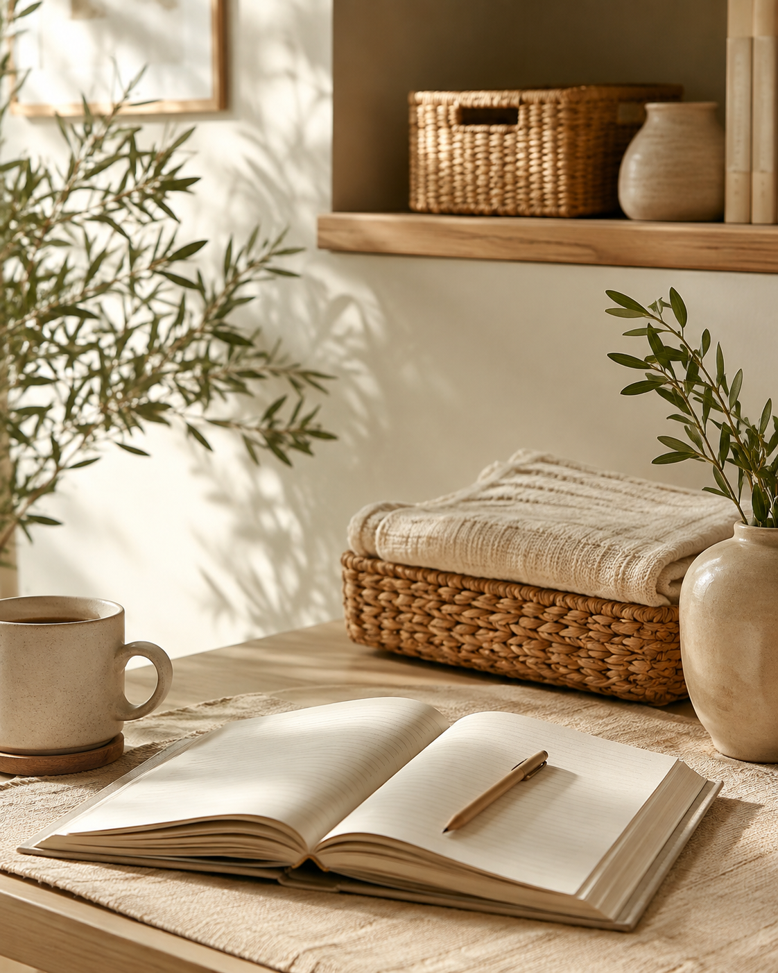 Open notebook and natural home accessories in a warm organized setting