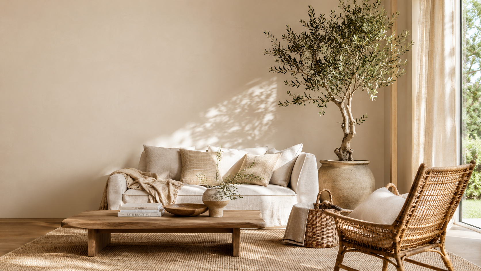 Warm LivoNest living room with natural textures and woven furniture