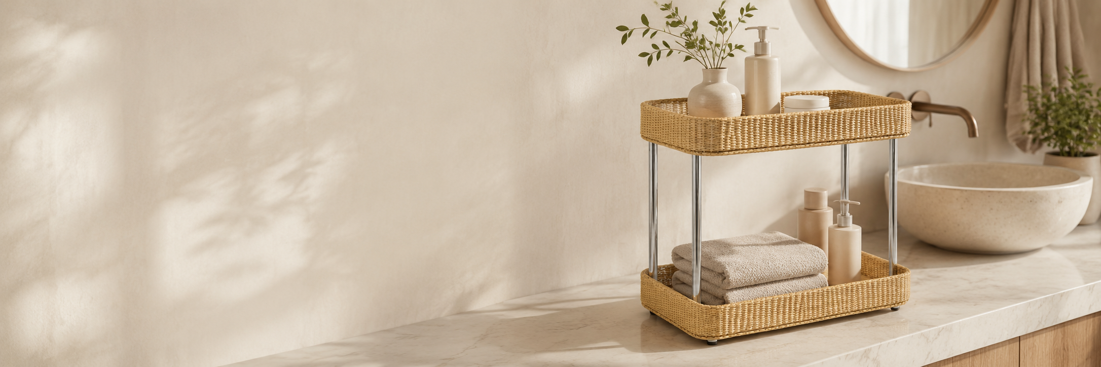 Two-tier woven storage rack in a warm bathroom setting