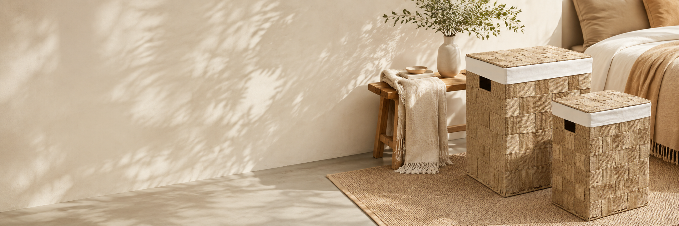 Handwoven laundry hampers in a calm bedroom setting