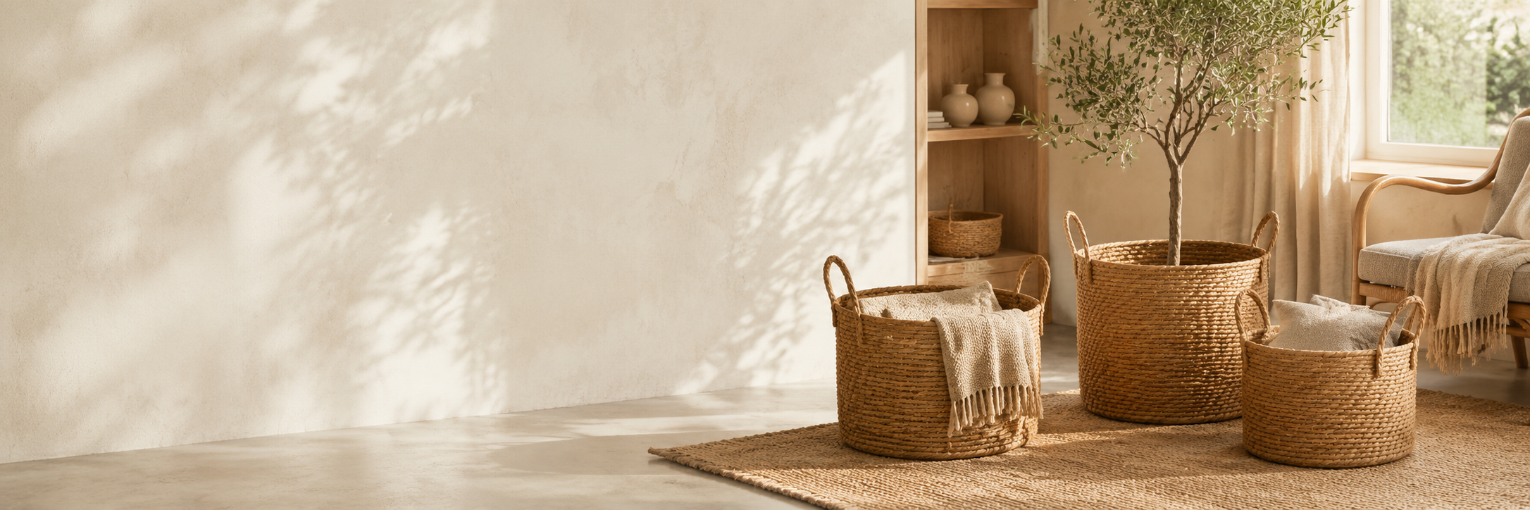 Natural woven baskets styled in a warm home setting